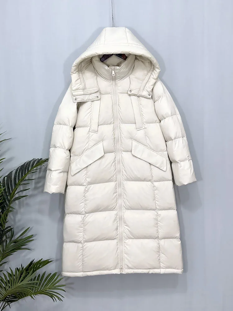 Luxury Long Puffer Jacket Women Hooded 90% White Duck Down Coat Ladies Winter Fluffy Feather Parkas Female Overcoat