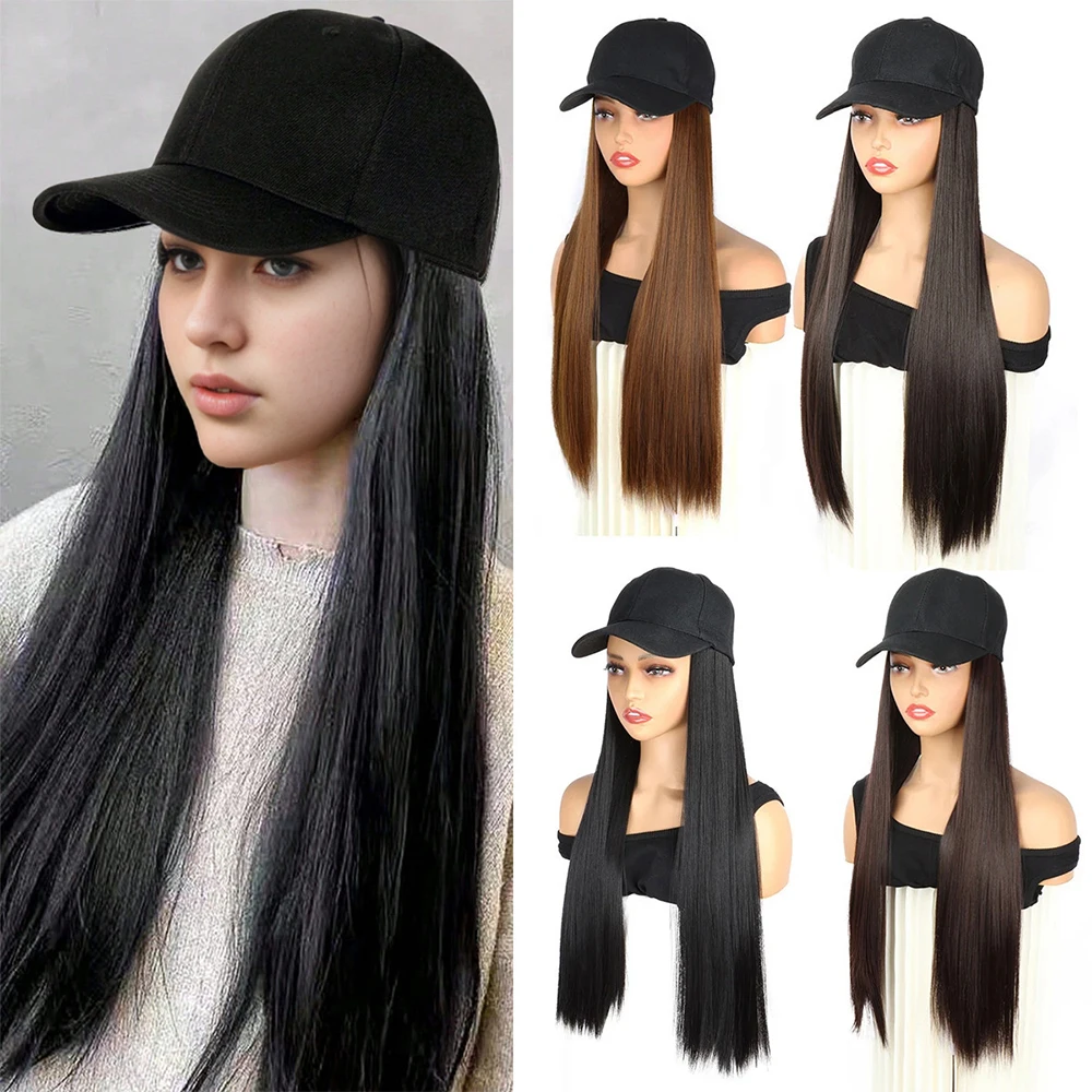 Synthetic Baseball Cap with Straight Hair Extensions 26inch Long Straight Hairstyle Adjustable Black Wig Hat for Woman Girl