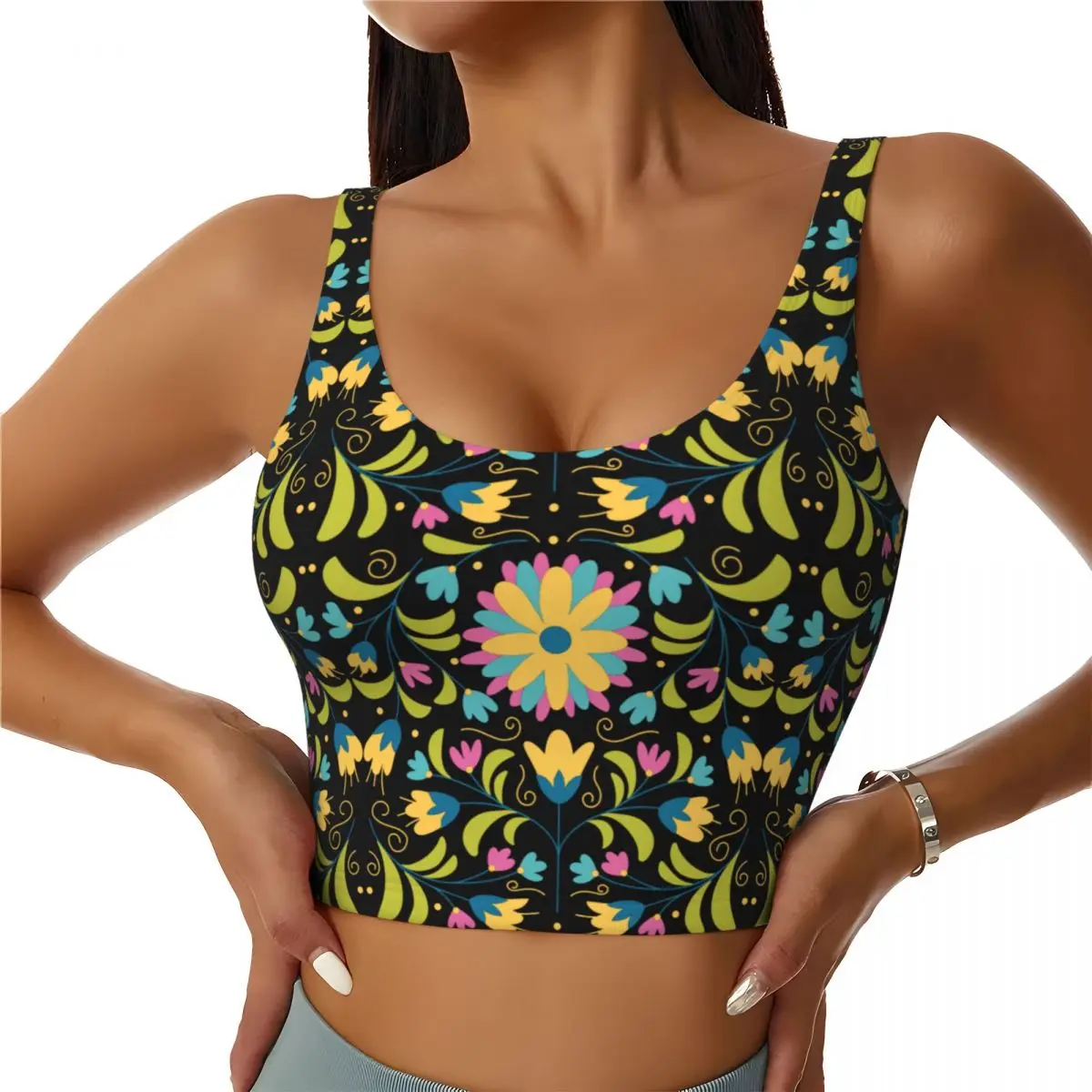 

Custom Mexican Otomi Sunflower Leaves Sports Bra Women's Floral Embroidery High Impact Workout Yoga Crop Top