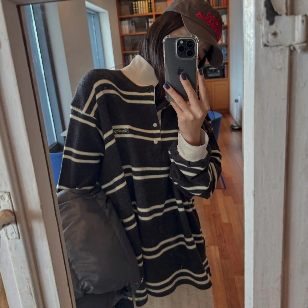 Korean Chic High Neck Stripe Sweatshirt Women Loose Casual Long Sleeve Top Autumn Season Fashionable Layering Effect