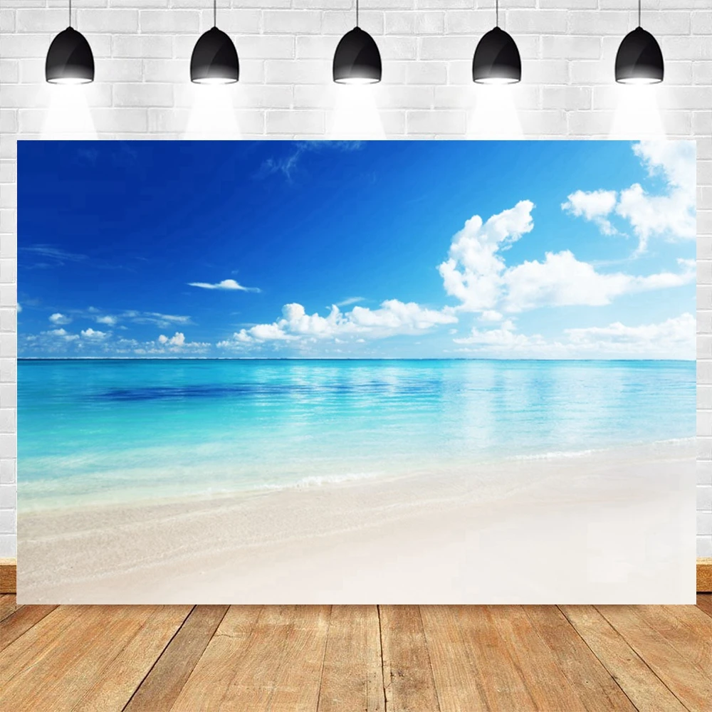 Sunset Beach Waves Backdrop for Photography Summer Holiday Ocean Seaside Blue Sky White Cloud Sand Photocall Photo Background