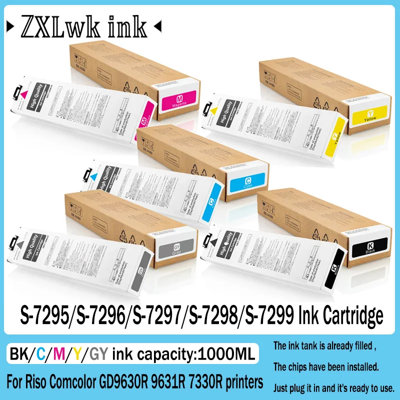 Cartucho de Tinta Compatible con Riso S-7295 S-7296 S-7297 S-7298 S-7299, 7295 para Impresora Riso Comcolor GD9630R GD9631R GD7330R con Chip
