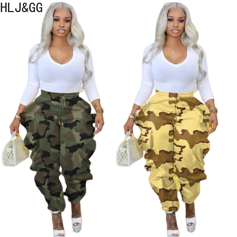 

HLJ&GG Fashion Camouflage Printing Ruffle Design Sporty Pants Women High Waisted High Waisted Jogger Trousers Spring New Bottoms