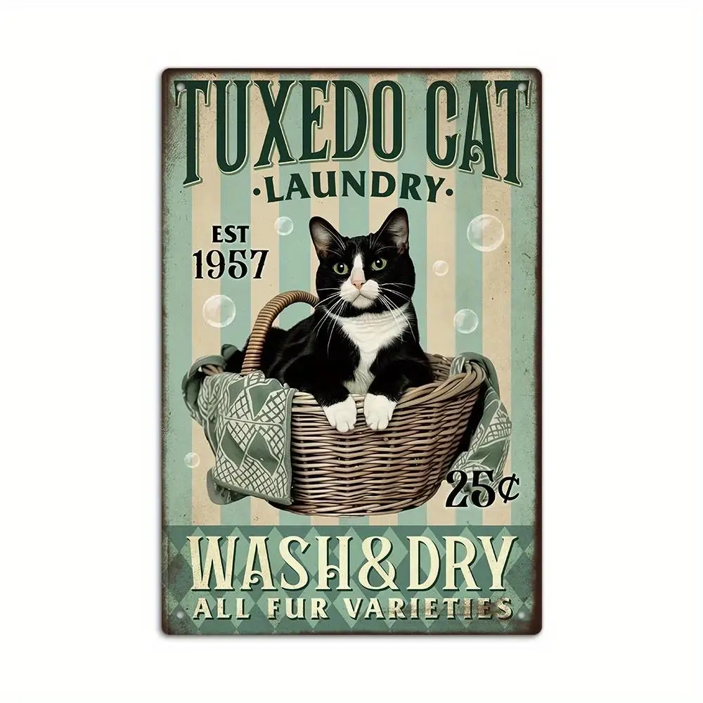 2026 2D Flat, 1pc Vintage Tuxedo Cat in Wicker Basket Metal Wall Art-Black & White Retro Farmhouse Decor Suitable for Home, Kitc