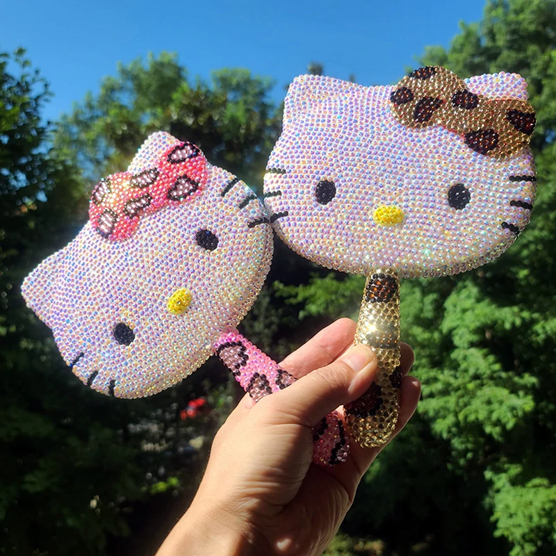 1 Set Popular Handheld Makeup Mirror Cute Hello Kitty Mirror Girl DIY Diamond-encrusted Handle Mirror Gift