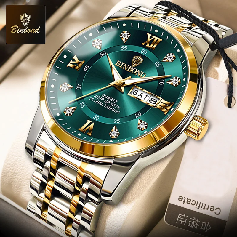 

BINBOND Luxury Watch for Man Elegant Date Week Waterproof Luminous Male Wrist watch Quartz Stainless Steel Sports Men's Watches