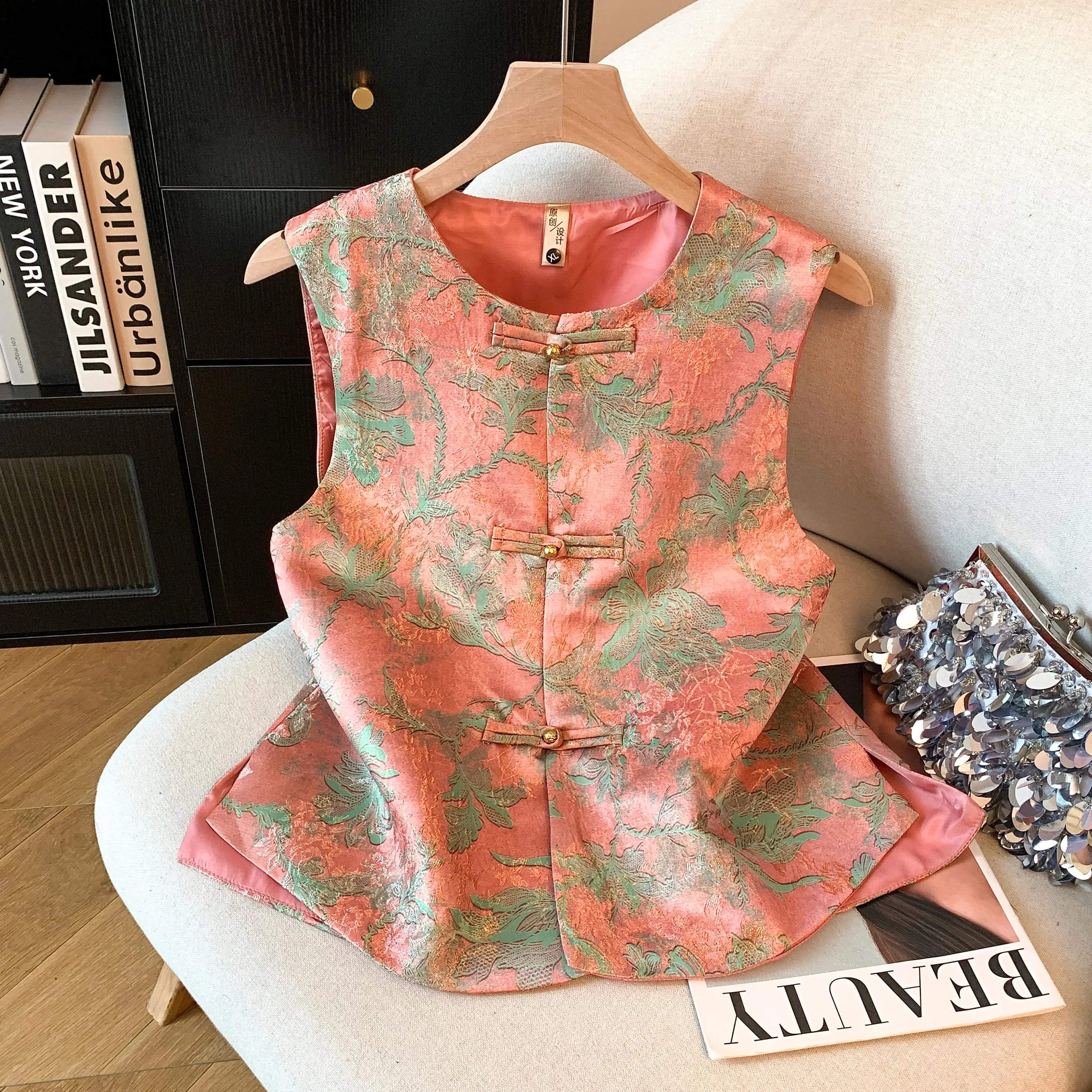 Pink New Chinese Style Button up Vest Women's Jacket Top Warm Mixed Fabric round Neck Standard Fit Daily Wear