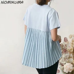 Nomikuma Causal Folds Patchwork Woman Tshirts Fashion Short Sleeve O-neck Tee Tops 2023 Spring Summer New Graphic T Shirts