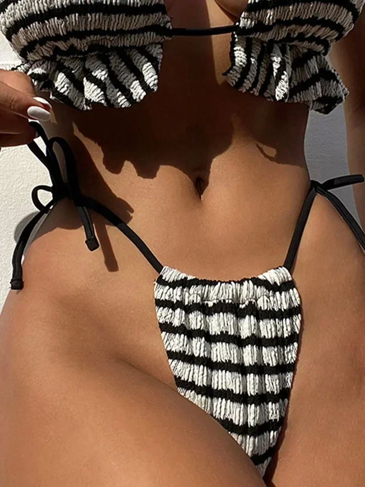 Bikini da spiaggia sexy con lacci a righe Set da 2 pezzi Costume da bagno diviso da donna Bikini da vacanza senza schienale a vita alta Nuovo set bikini estivo