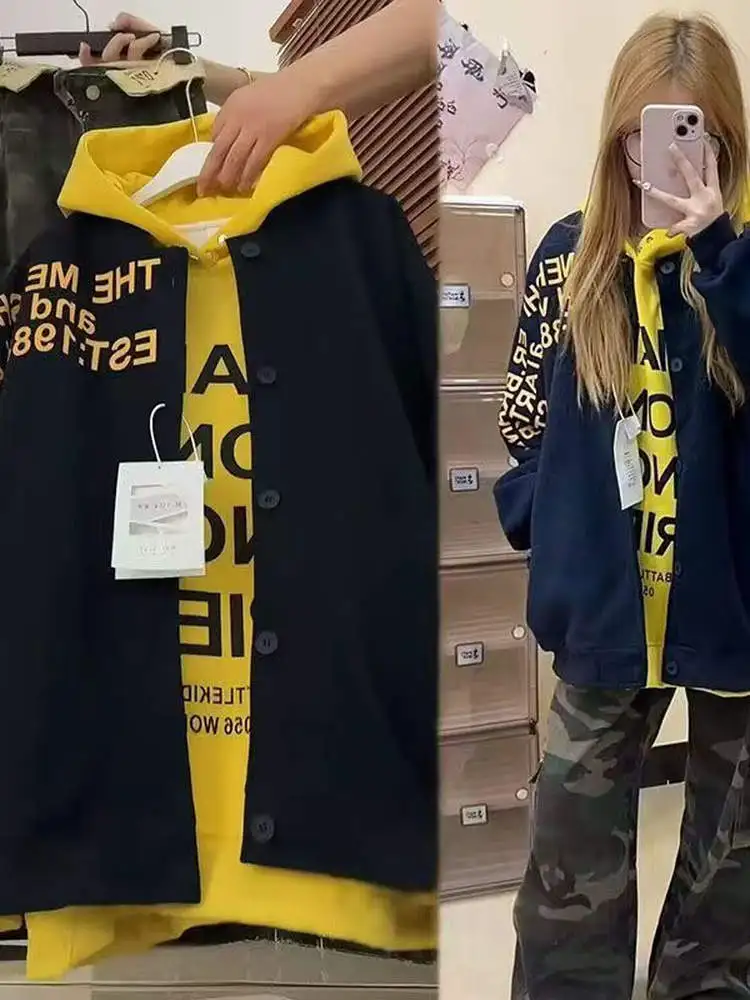 

American Style Baseball Jacket Women's Long Sleeve Letter Print Loose Versatile Spring Autumn Cardigan Sweatshirt