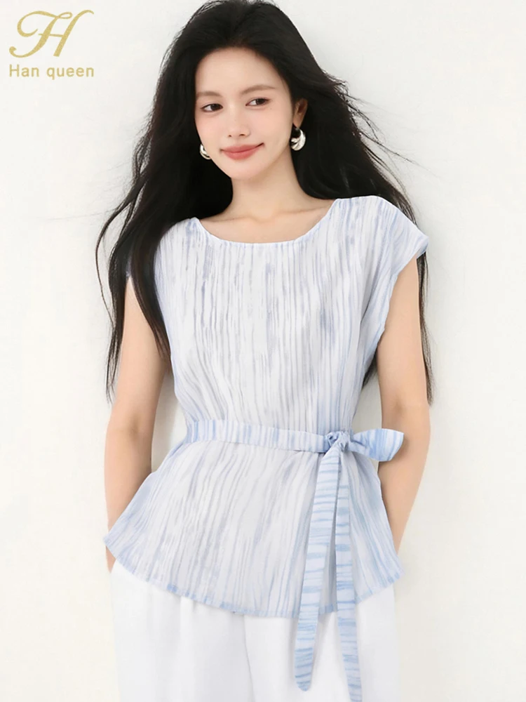 

H Han Queen 2025 Summer Woman Clothes Short Sleeved Office Vintage Tops Elegant Chiffon Short Sleeve Blouses Loose Casual Shirts