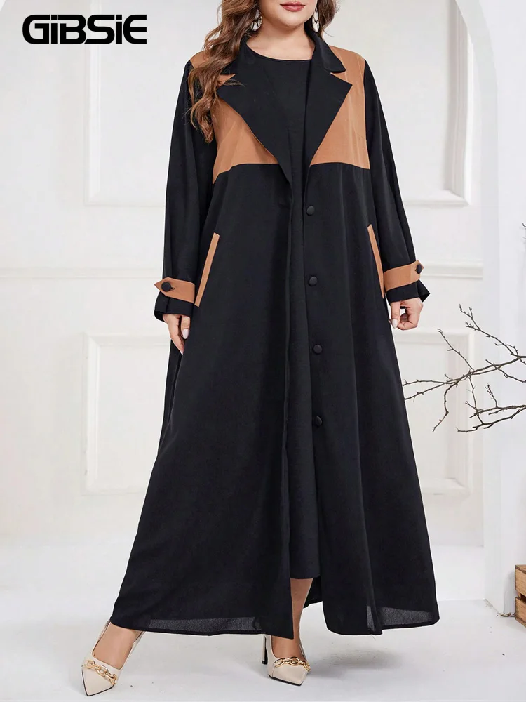 

GIBSIE Plus Size Color Block Buttoned Shirt Dress Women 2026 Spring New Notched Neck Long Sleeve Loose Elegant Maxi Long Dress
