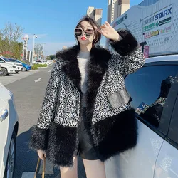 Fashion Sequins Leopard Patchwork Faux Fur Lapel Female Fur Coat Winter Casual Long Sleeve Warm Imitation Rabbit Fur Outerwear