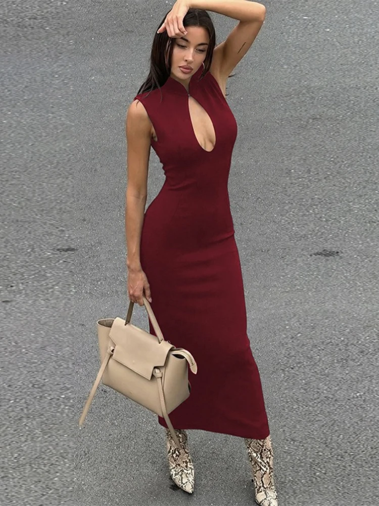 Vrouwen mouwloze uitgehold bodycon lange feestjurk high street kantoor dame elegante hoge taille split effen avond prom jurken