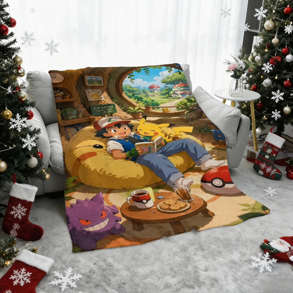 Pokemon Ash Ketchum Pikachu Gengar Flannel Throw Blanket Soft Warm Lightweight Blanket for Sofa Bed Home Anime Gift