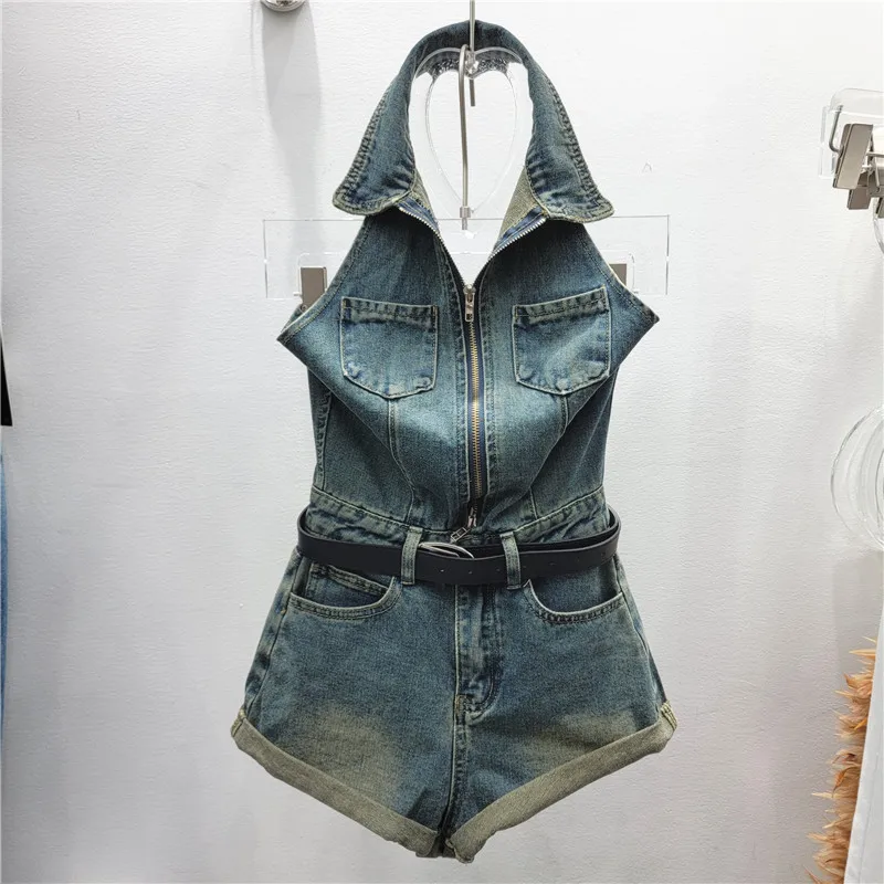 

Summer New Korean Version POLO Collar Sleeveless Single Breasted Vest+high Waisted Rolled Edge Wide Leg Shorts Denim Set