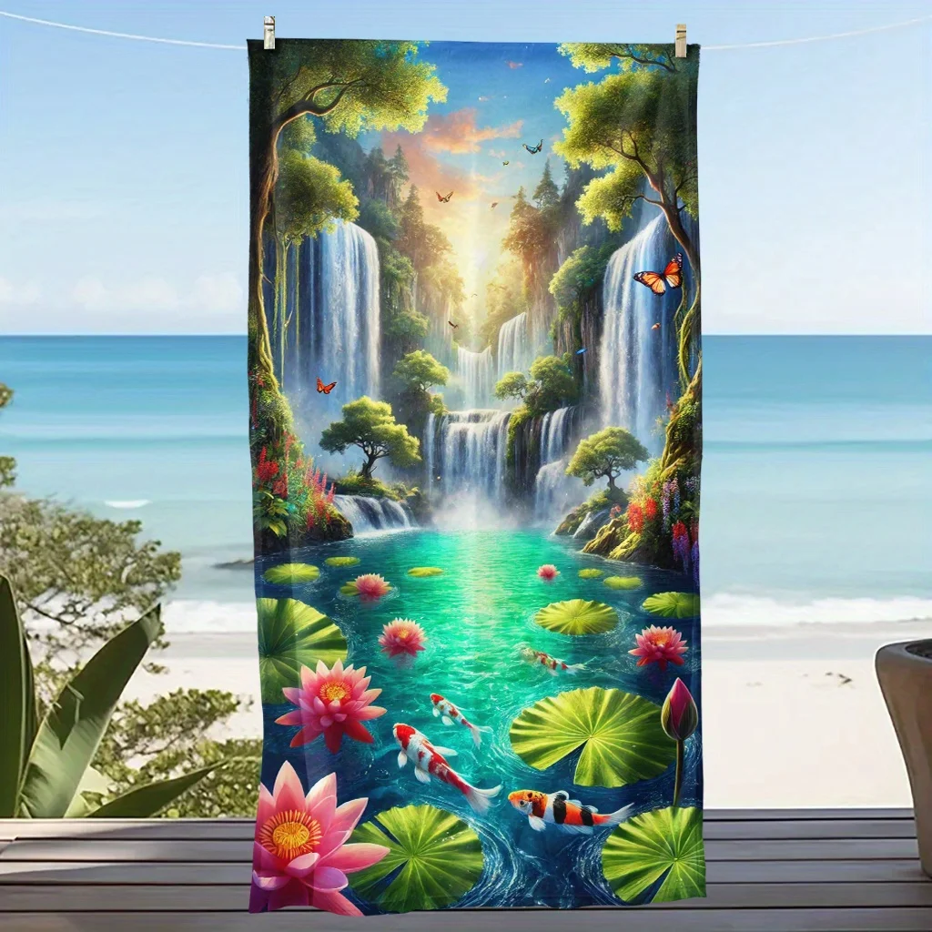 Waterfall Beach Towel 31.5x63 Inch Koi Fish Lotus Pond Microfiber Soft Quick Dry Bath Towel for Swimming Pool Summer