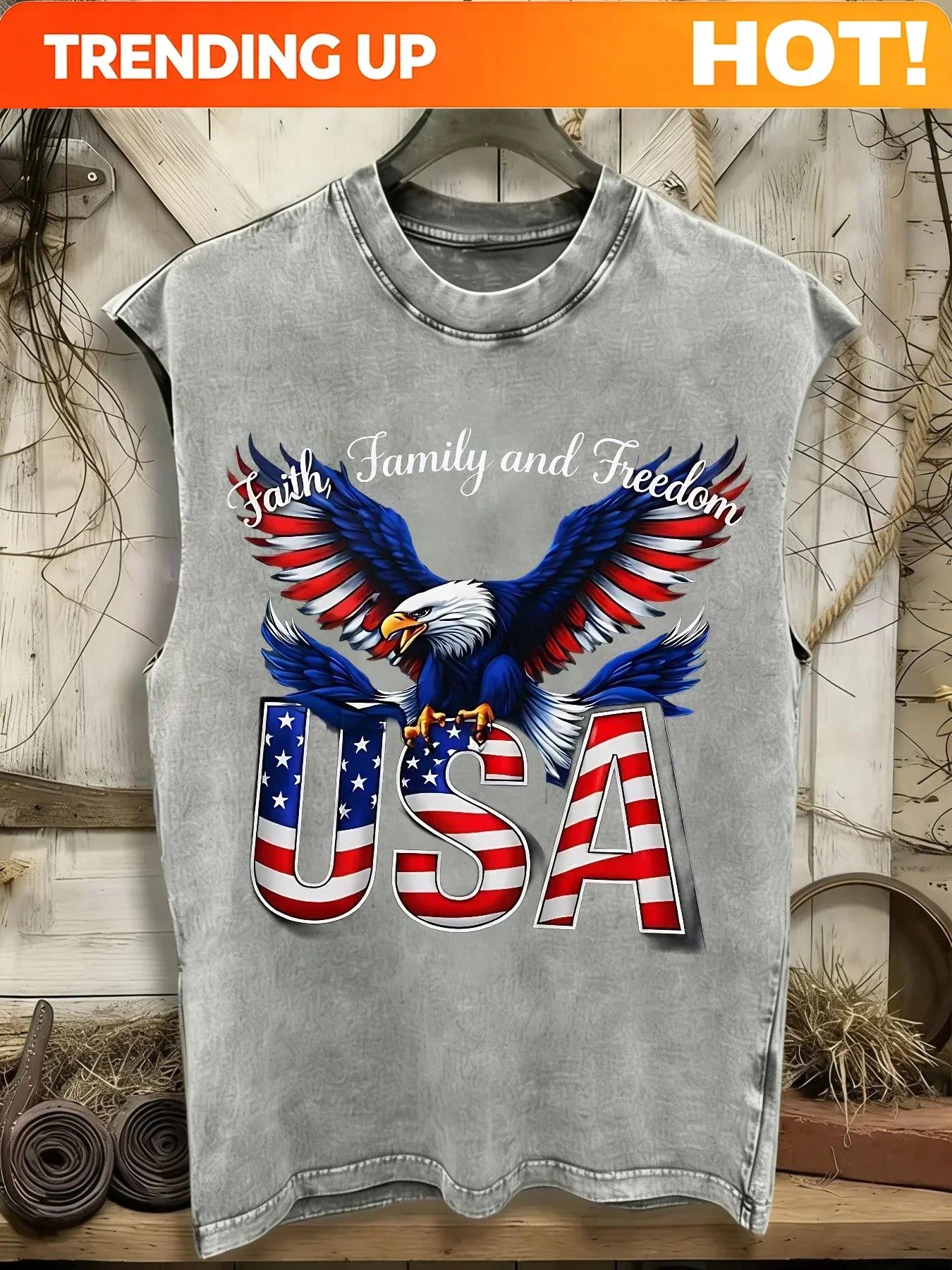 Customization 100% Pure Sleeveless T-Shirt, 210G Washed Tank Top, Featuring American Bald Eagle And 