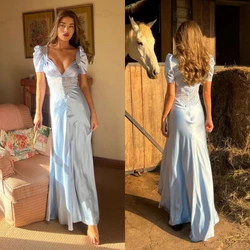 Vestido de noche de satén con encaje para mujer, traje sencillo con cuello en V, largo hasta el suelo, Formal, para ocasiones