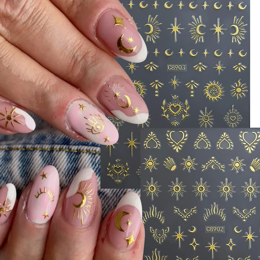 6pcs 3D Gold Sun/Moon/Star Bronzing Nail Art Sticker Laser Metal Star Moon Design 8*10cm Nail Art Decal Self-Adhesive Sliders#YZ