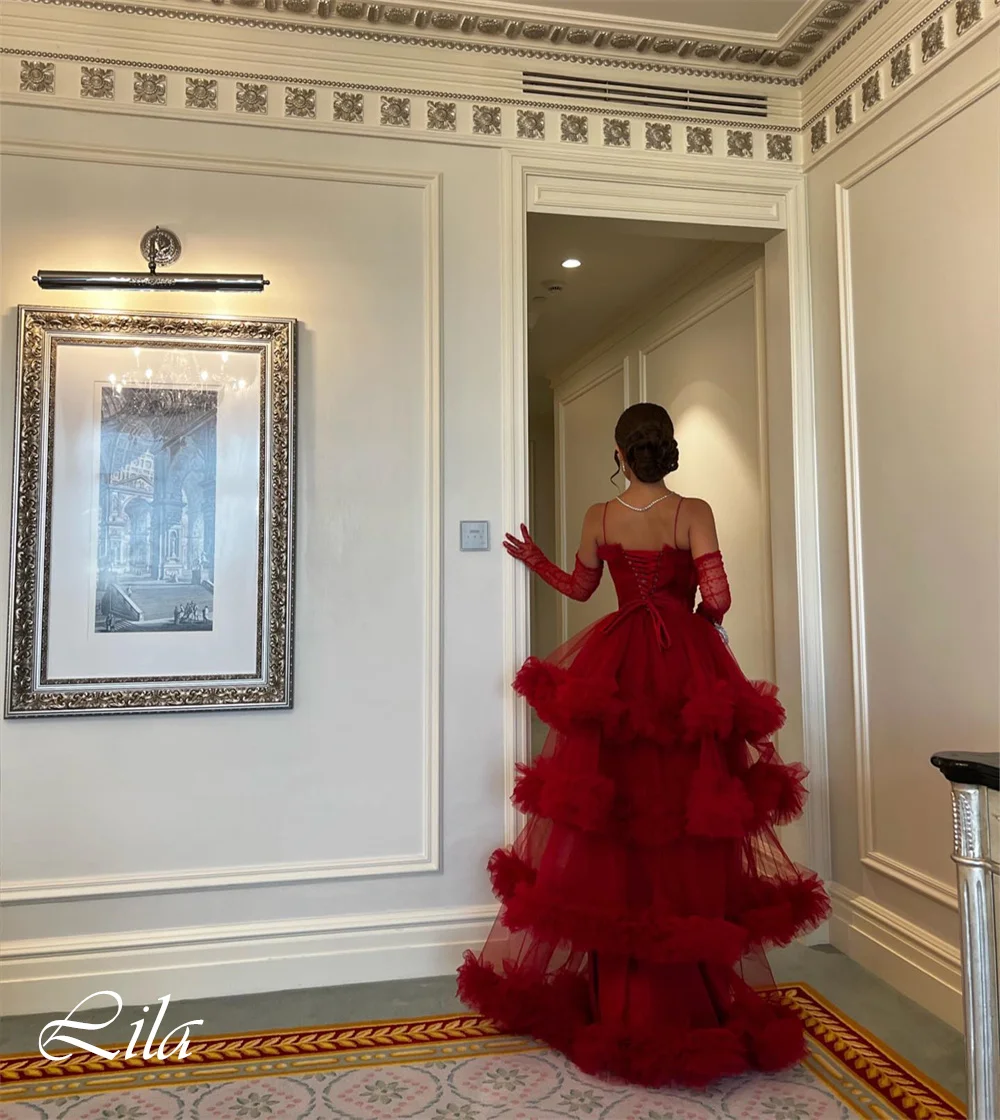 

Customized Fashion Red Tulle Evening Dress Exquisite Celebrity Gowns Strapless Spaghetti Straps Backless Sweep Train Party Dress