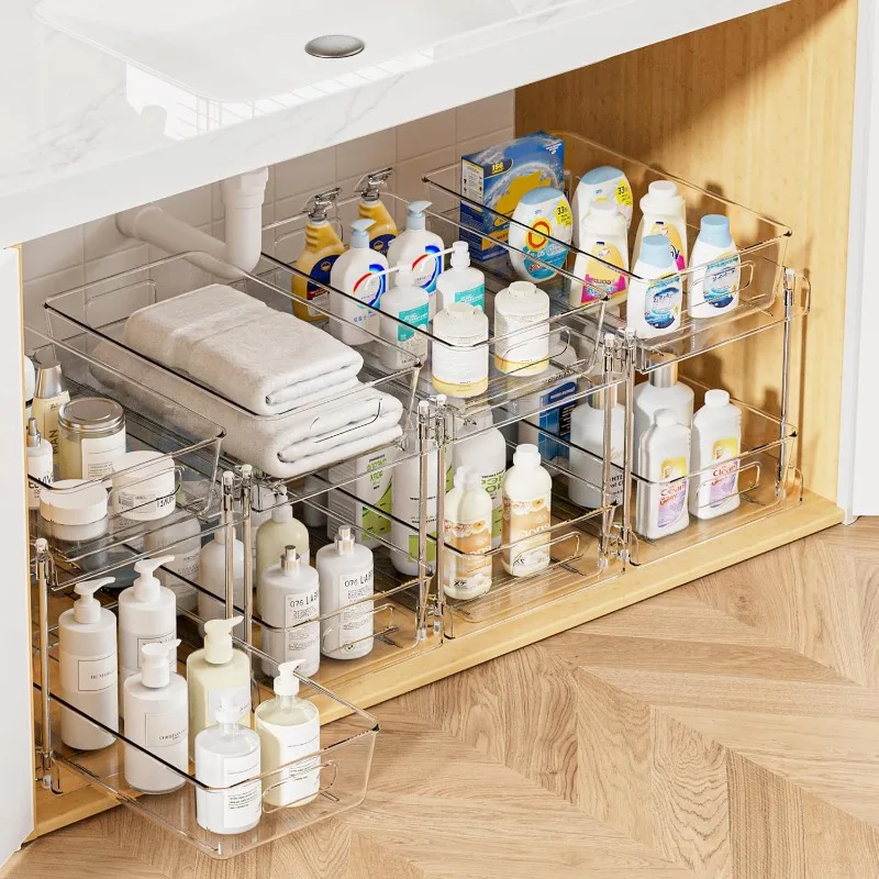 4 Pack Bathroom Organizer, 2 Tier Clear Under Sink Organizers Vanity Countertop Storage Container,Cabinet Drawers Bins