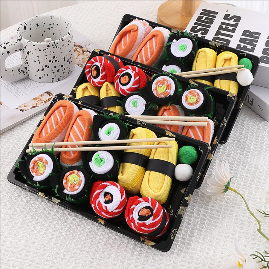5 Pairs of Novelty and Interesting Salmon Sushi Socks Gift Box Christmas Season Style