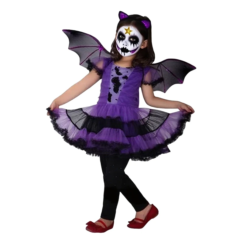 2-12Y Girls Purple Bat Dress Kids Fancy Cosplay Vampire Demon Costume Halloween Witch Dress Carnival Party Clothes Holiday Gifts