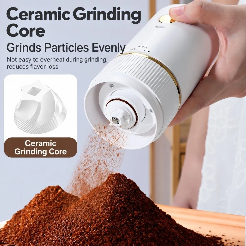 USB Rechargeable Portable Coffee Grinder Cordless Ceramic Burr Mini Coffee Grinder Induction Self Stop Adjustable Thickness