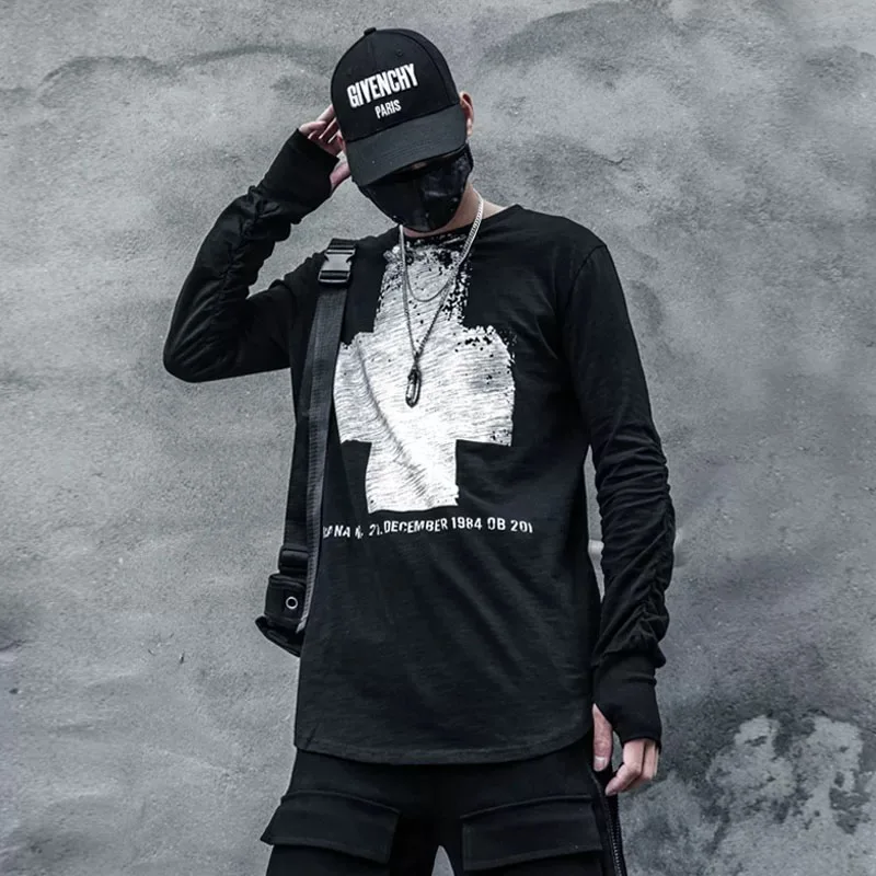 ARENS 2025 Autumn Cross Graffiti Print Hip Hop Punk Long Sleeve T Shirt Men Black White Gothic Vintage Tops Streetwear