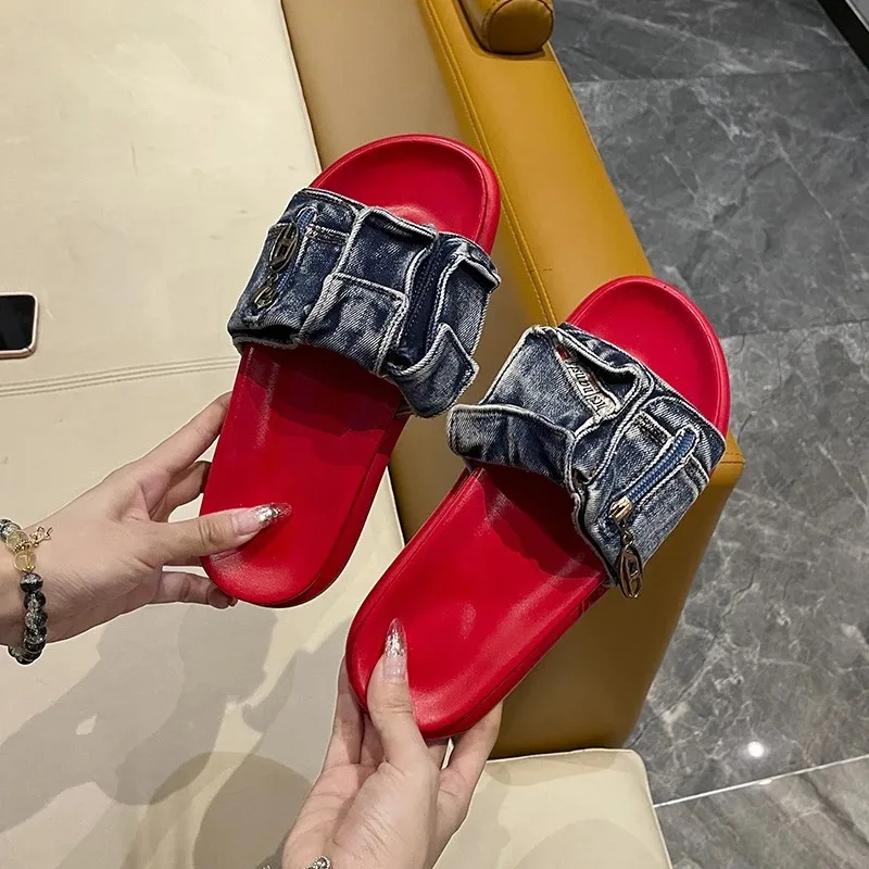 

2024 New Fashion All-in-one Denim Zipper Outside To Wear Thick Flat Slippers Large Size Women's Slippers