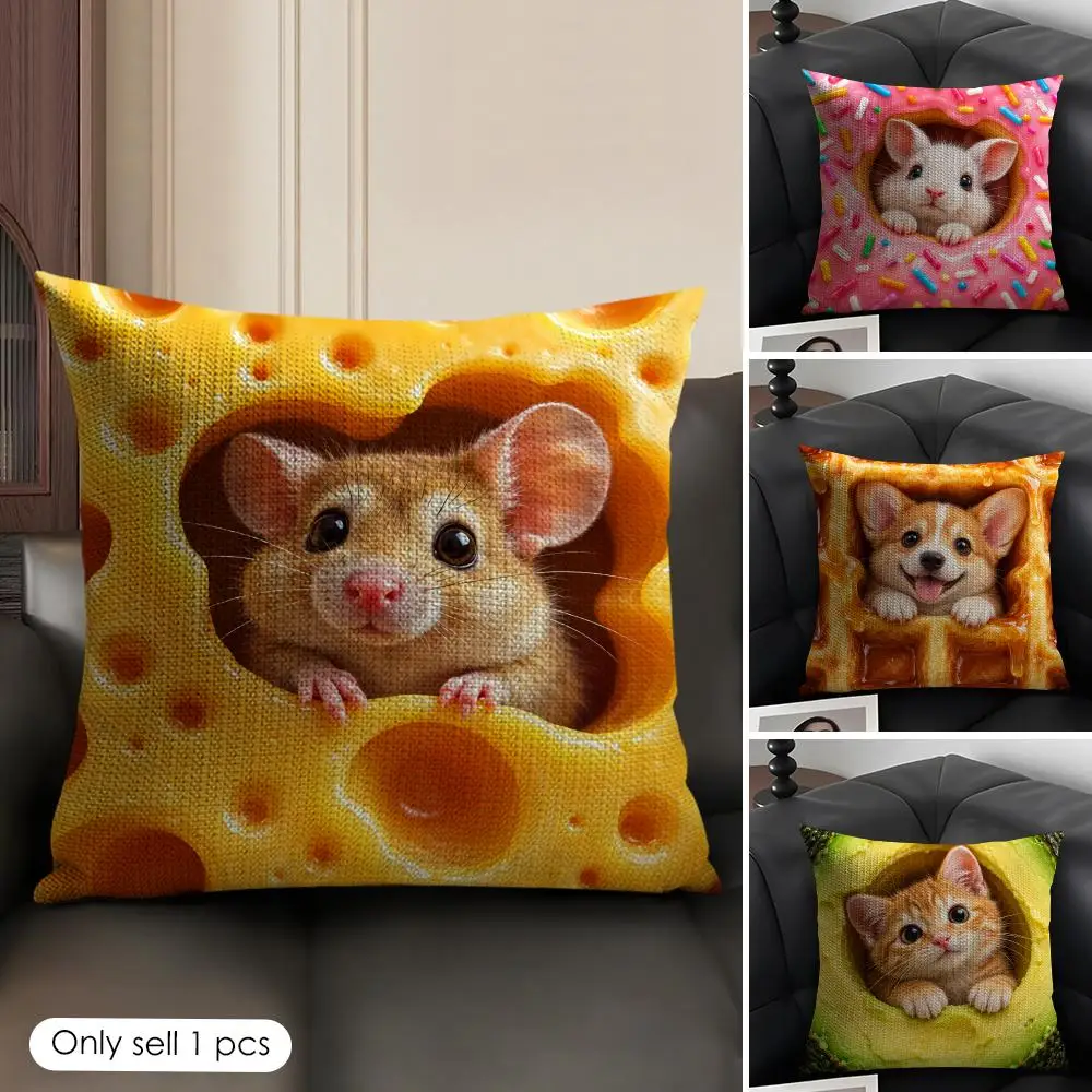 Cute Mouse-in-Cheese Cushion Cover Skin-Friendly Organic Linen Pillow Cover Durable Hypoallergenic Washable Soft