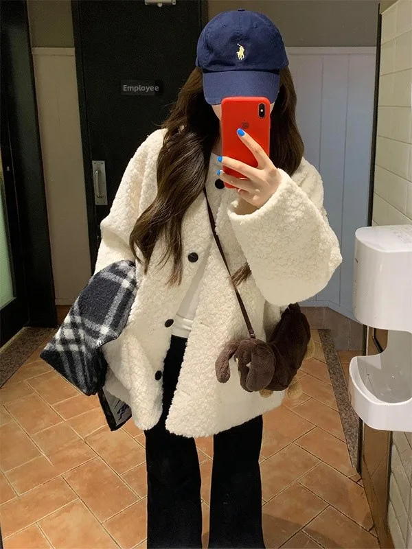 

Korean Style Women's Thickened Lamb Fur Jacket Autumn Winter Commute Style Long Sleeve round Neck Coat Warm And Stylish