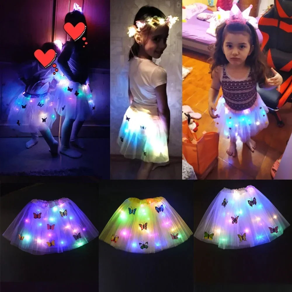 Women Girl LED Light Up Fairy Tutu Skirt Flower Headband Crown Gift Birthday Party Costume Wedding Festival Christmas Halloween