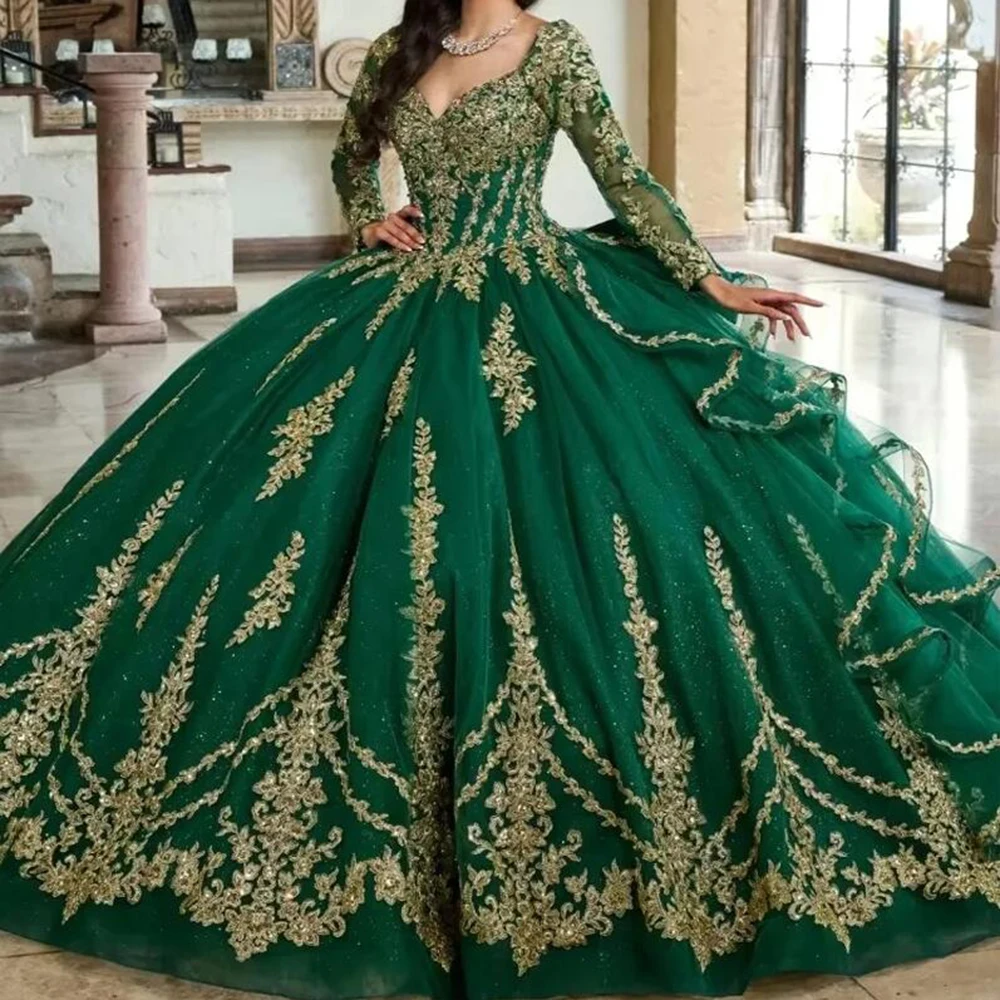 

Зеленое бальное платье Quinceanera Платья Золотое кружево Аппликация Бисероплетение Тюль с длинными рукавами Sweet 16, платье Vestido De 15 Anos по индивидуальному заказу