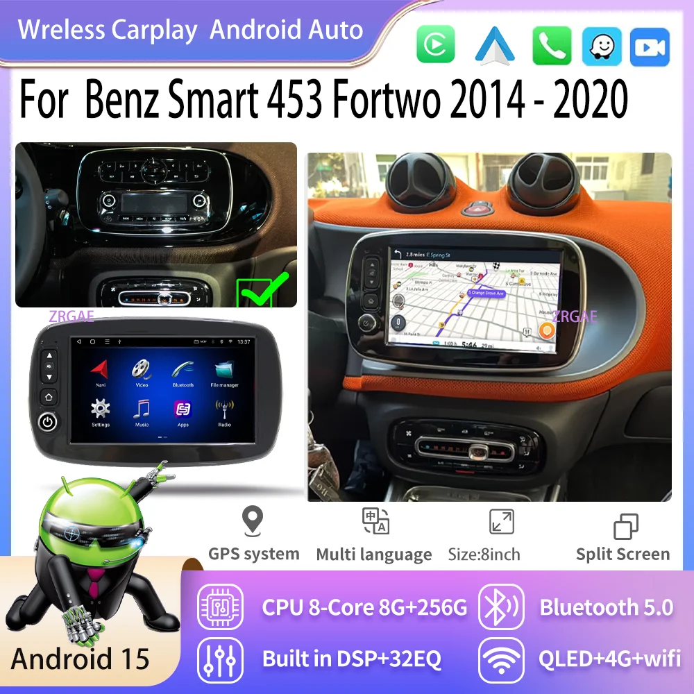 Android 15 CarPlay Screen For Mercedes Benz Smart 453 Fortwo 2014 -2020 GPS Multimedia Systems Stereo autoradio Video Player BT