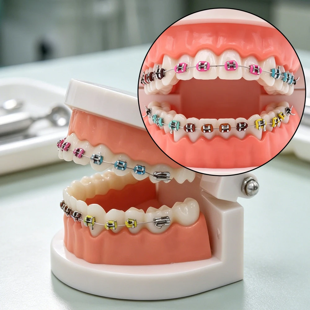 

Учебная модель для ортодонтии с металлическими брекетами, дугами, букальными трубками и лигатурными завязками для практики и обучения в стоматологии