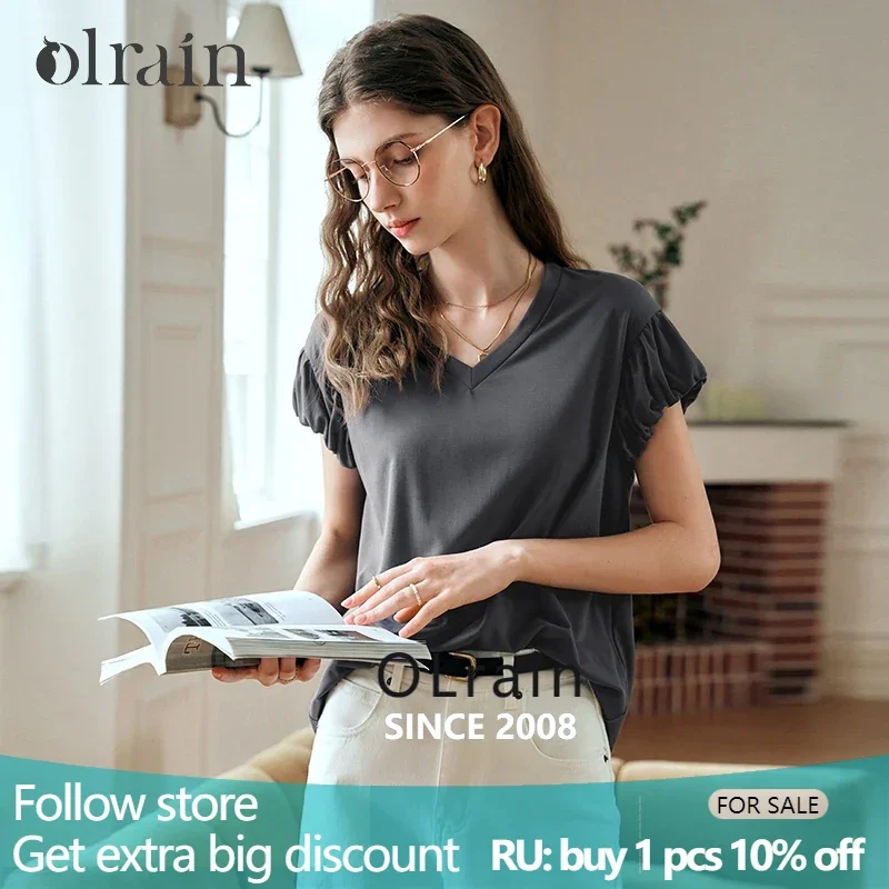 

OLrain Grey Cotton T-shirt for Women 2025 Spring Summer Silk Folds Short Sleeve V-neck Elegant Fit Pullover Tops O24XT90962