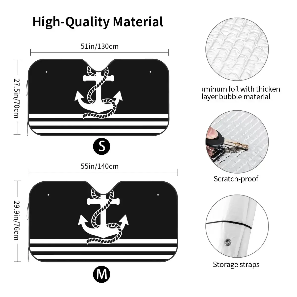 Parasol náutico con diseño de rayas blancas y negras, protector solar de 70x130cm, protector contra el polvo y el hielo