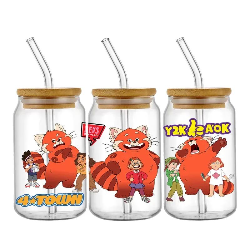 Disney Turning Red Cartoon UV DTF Cup Wrap 16oz Sticker Libbey Glass Bottle Can Transfer Sticker Waterproof Self-adhesive Labels