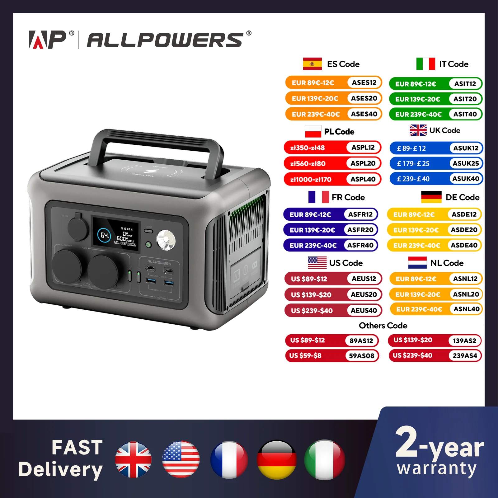 Портативная электростанция ALLPOWERS R600, аккумулятор LiFeP04 емкостью 299 Втч с 2 розетками переменного тока мощностью 600 Вт (1200 Вт для кемпинга на открытом воздухе, дома на колесах