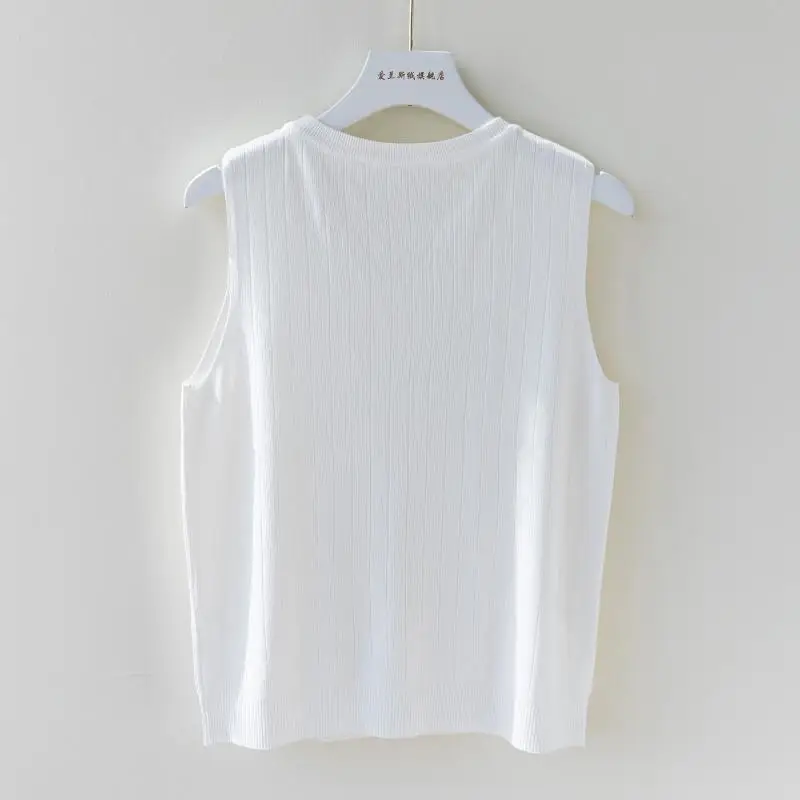 Ice Silk Tank Top Women\'s White Sleeveless Bottom Beaded Small Fragrant Knit Top Cute  Korean Fashion Clothing Tank Top Women