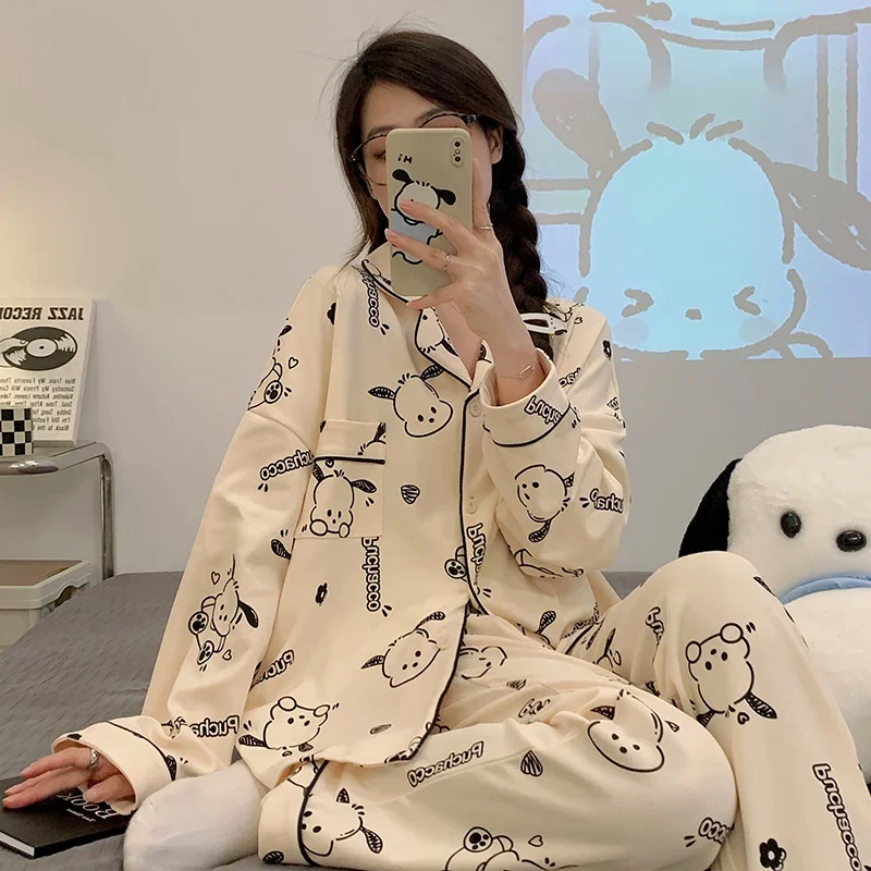 New Sanrio Cartoon Animation Character Pochacco Pajamas Girls Kawaii Fashion Casual Long Sleeves Long Pants Home Clothing Gift