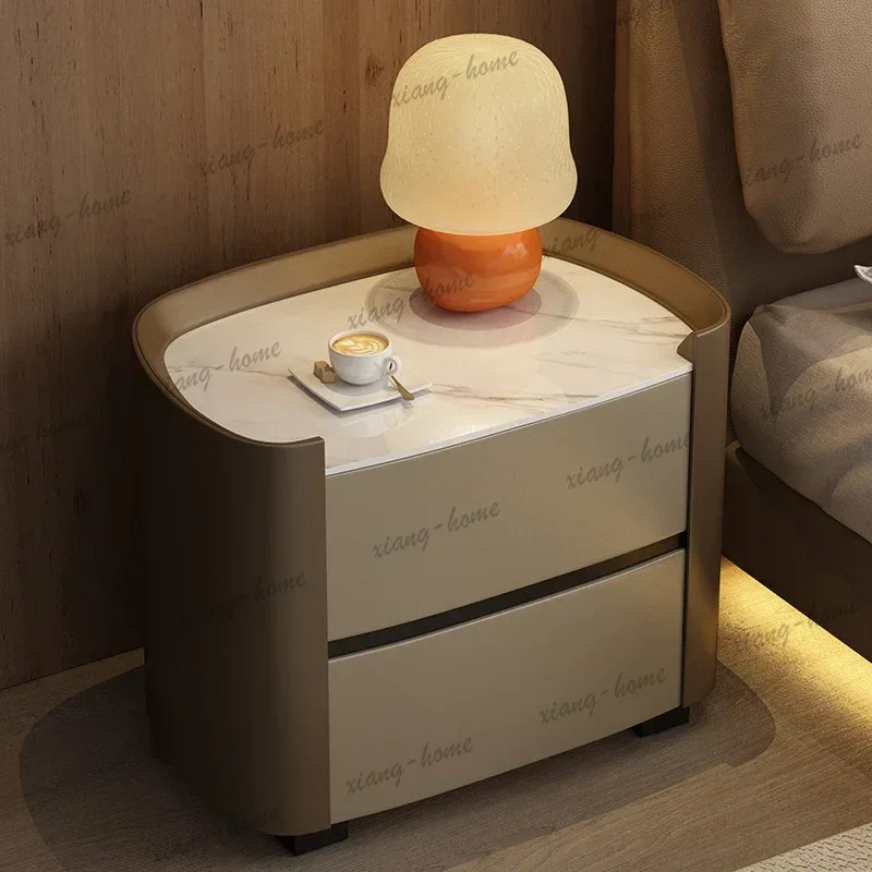 LSAmerican Rock Board Storage Cabinet Retro Leather Contrasting Nightstands High-end Bedroom Furniture Home Drawered Bedside Tab