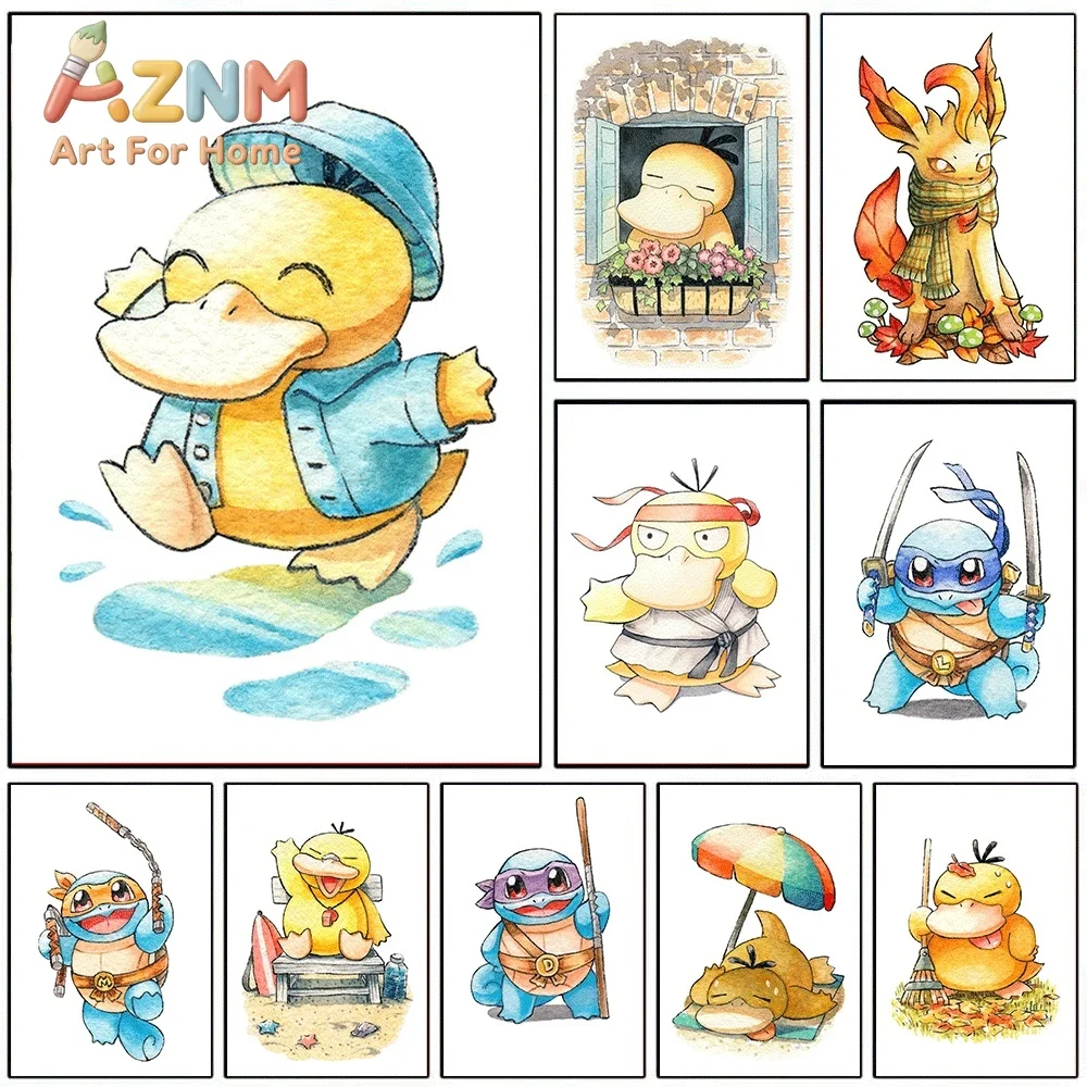 AZNM Pokemon Psyduck Denim Jacket Watercolor Canvas Wall Art Unframed Anime Monster Print Home Kids Bedroom Living Room Decor