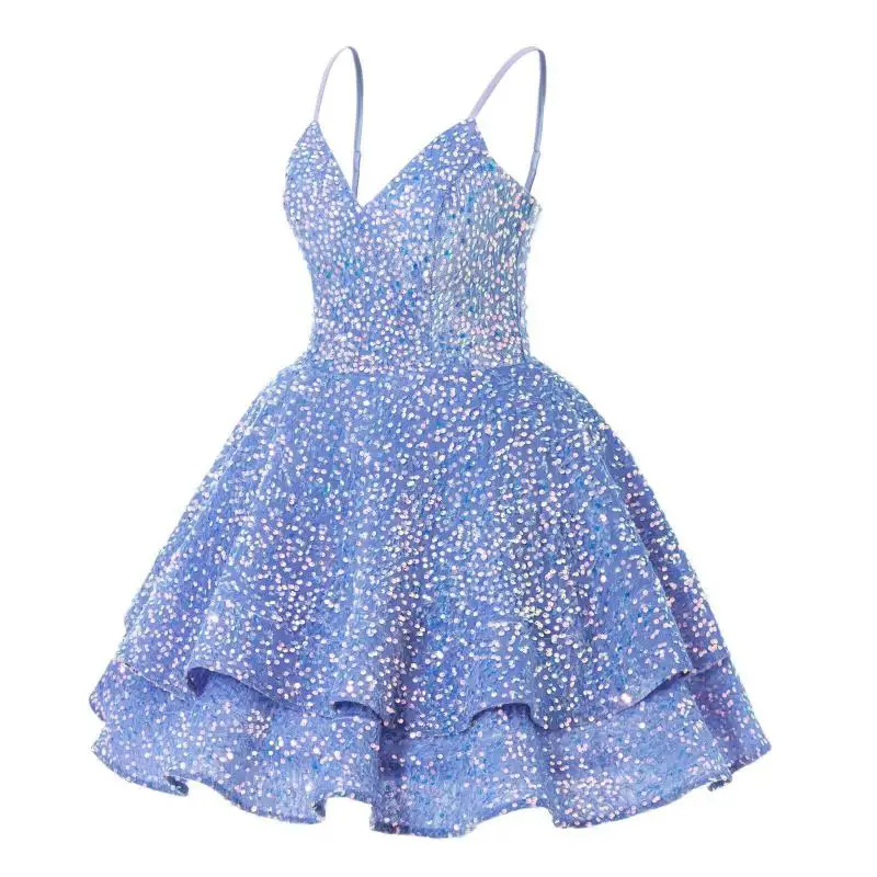 Sequin Camisole V-neck Evening Gown Short Dress With Temperament Cinched Waist And Slimming Effect Fluffy Skirt Customized