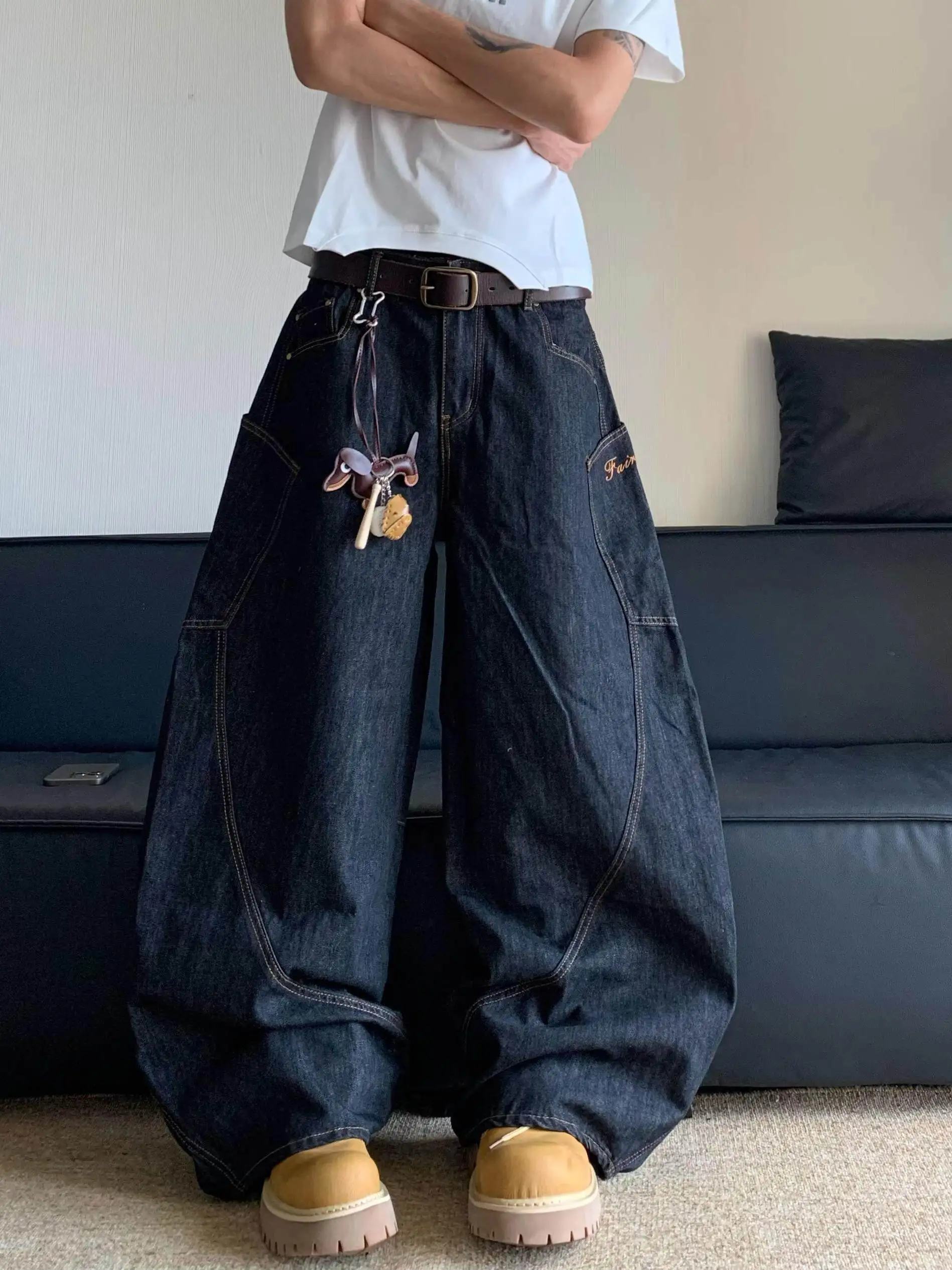 

American Street Style Knife Design Jeans Patchwork Wide Leg Pants Men Women Loose Retro Embroidery Baggy Jeans Casual Trousers