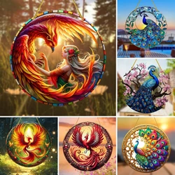 Peacock Fairy & Phoenix Suncatcher Sign, Round Acrylic Wall Art, Glass-style Appearance Window Hanging, Outdoor & Indoor Decor