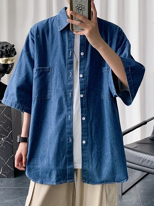 

Loose Men's Denim ort Sve Jaet Summer Youth Faion Casual Loose Fit Five-Quarter Sve Color European Simple S...