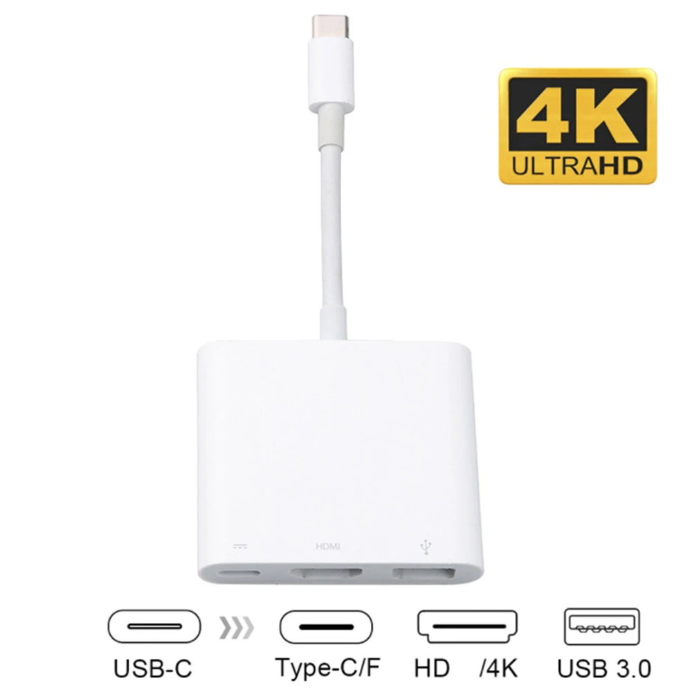 Convertisseur de câble compatible USB-C vers HDMI 3 en 1 pour Samsung Huawei Apple Mac USB 3.1 Type C vers câble adaptateur 4K compatible HDMI